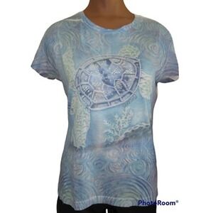 Women Sea World blue green swirls sea turtle gems t-shirt top M Medium Small fit